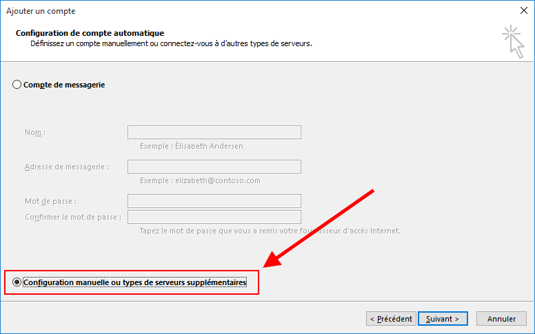Configuration manuelle d'un compte dans Microsoft Outlook