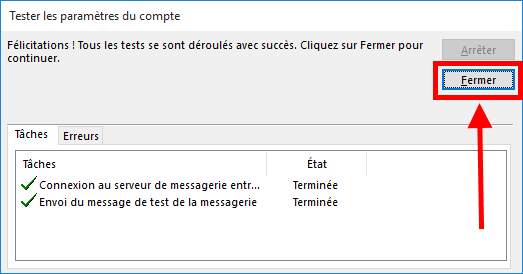 Test des paramètres du compte Microsoft Outlook