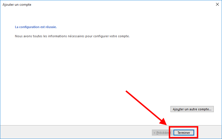 Compte de messagerie créé dans Microsoft Outlook